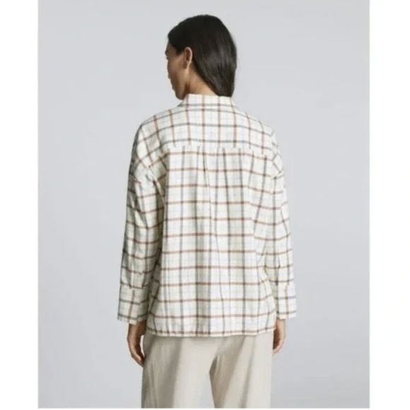 Everlane Boxy Flannel Cream Brown Plaid Button Down Shirt Sz Women's Medium NWT - Picture 3 of 13